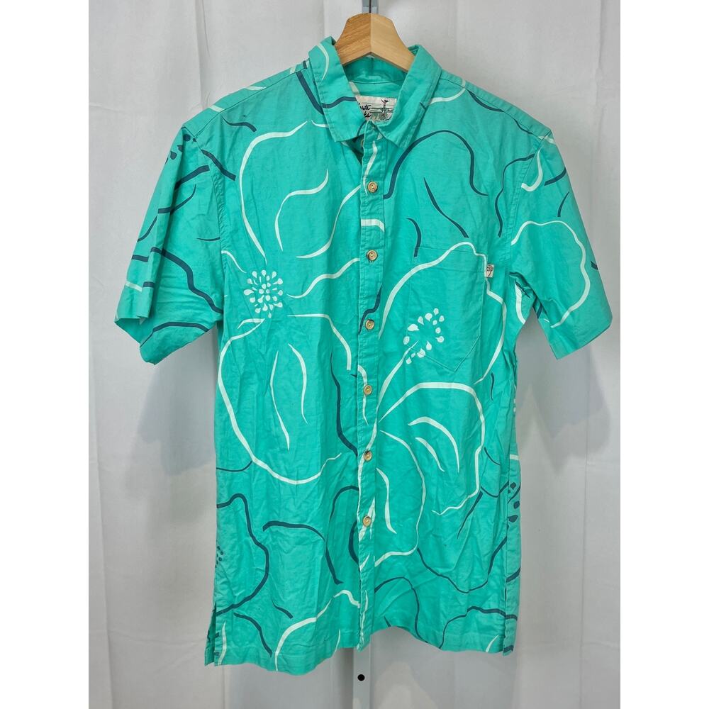 ROBERTA OAKS Hawaii Short Sleeve Button Up Shirt Floral Cotton Green Size L